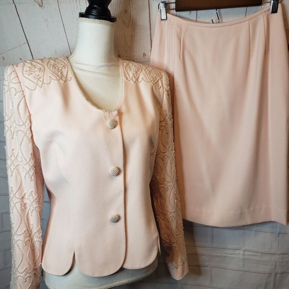Elegant Vintage Nolan Miller 2 Piece Pink Beaded Skirt Set Size 6 S Suit